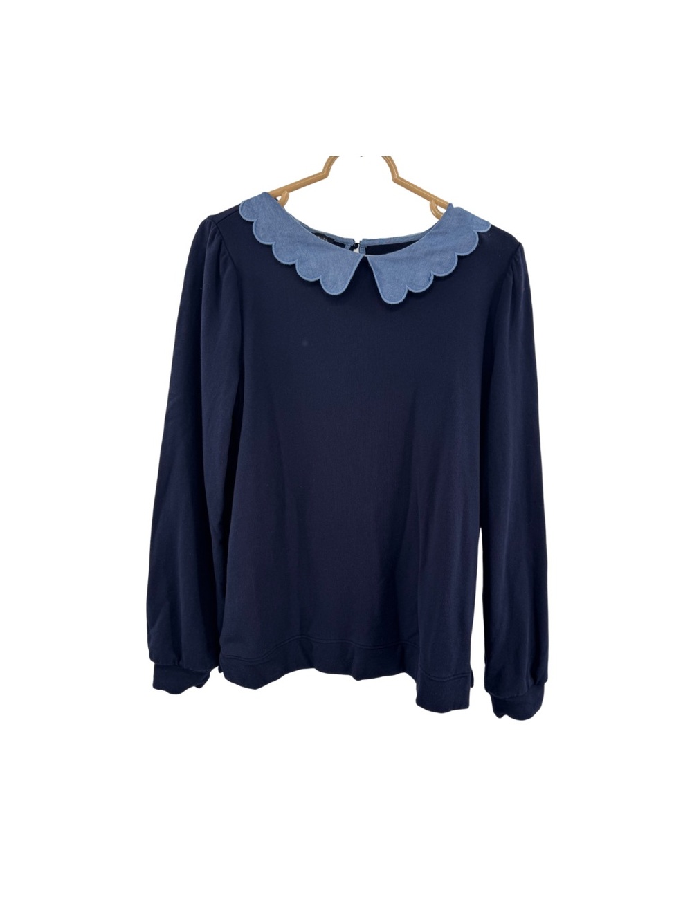 Talbots Chambray Peter Pan Collar Sweatshirt Navy Blue Scalloped L Preppy casual
